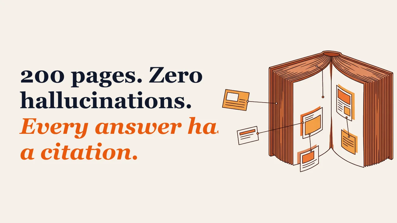 Illustration for: 200 pages. Zero hallucinations. Every answer has a citation.