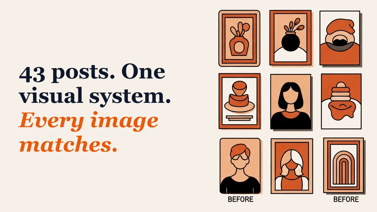 Illustration for: 43 posts. One visual system. Every image matches.