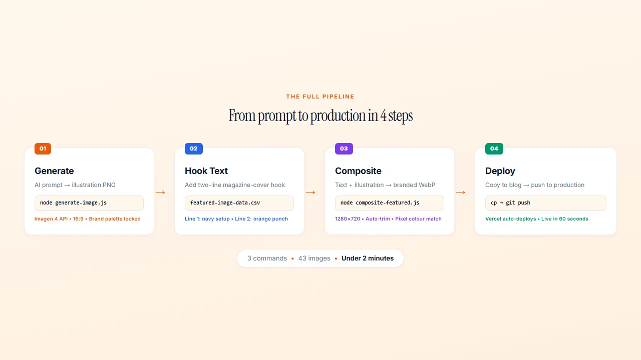 The full image pipeline: Generate → Hook Text → Composite → Deploy. 3 commands, 43 images, under 2 minutes.